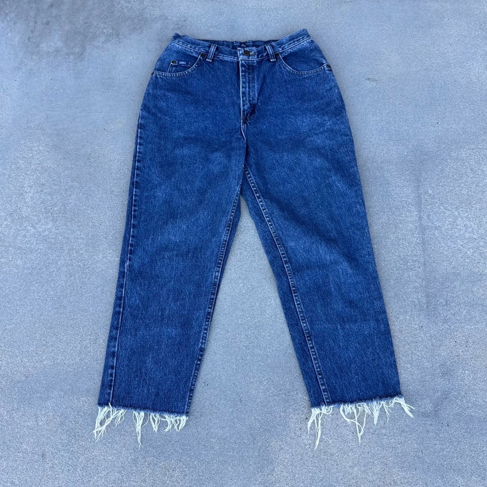 Vintage Lee High Waisted Straight Leg Frayed Hem Jeans Medium Wash USA Made 12M